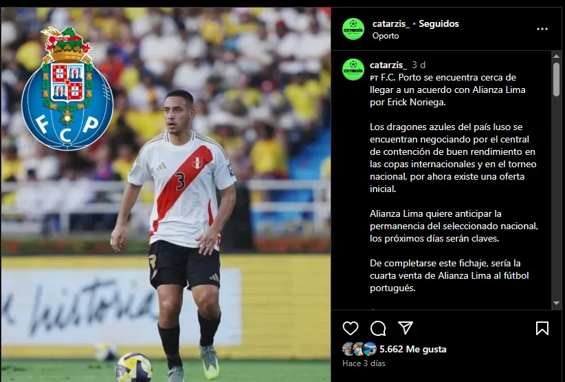 Erick Noriega ficharía por el Porto. (Foto: Instagram).