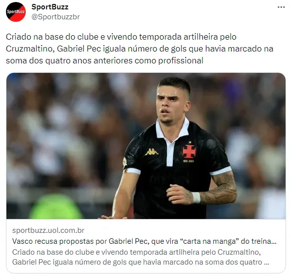 Vasco recebe proposta de R$ 32 milhões por Gabriel Pec