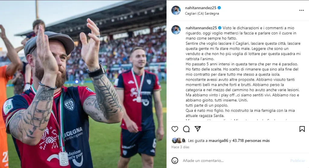 Nahitan Nández se quedará en Cagliari, pero no renovará contrato (Instagram @nahitannandez25).
