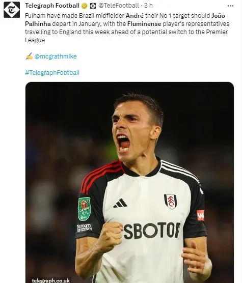 João Palhinha está perto de deixar o Fulham e a imprensa inglesa aponta que o substituto está no Flu