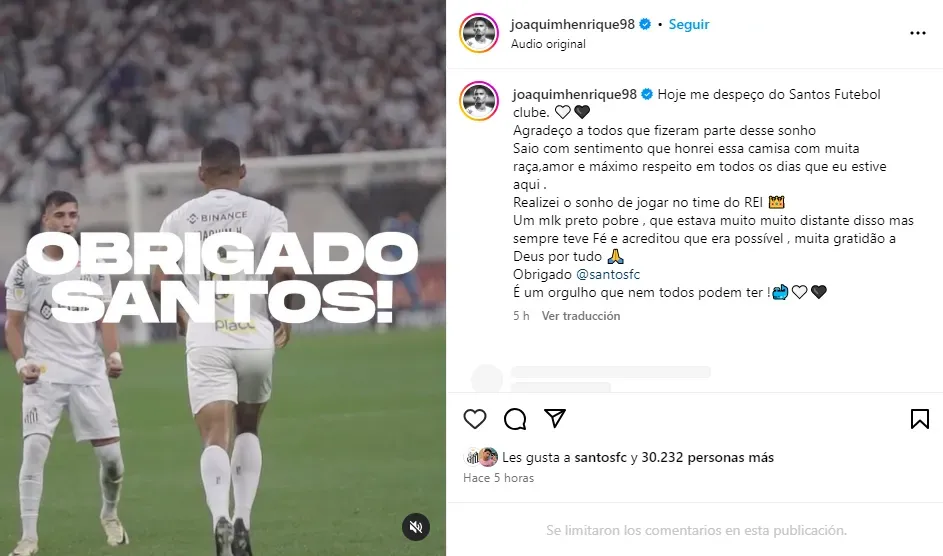 Así se despidió el jugador de Santos en su Instagram. [Foto Redes Sociales]