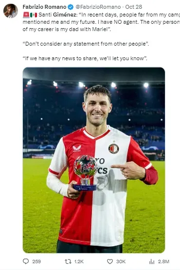 Fabrizio Romano gives an update on Gimenez via Twitter