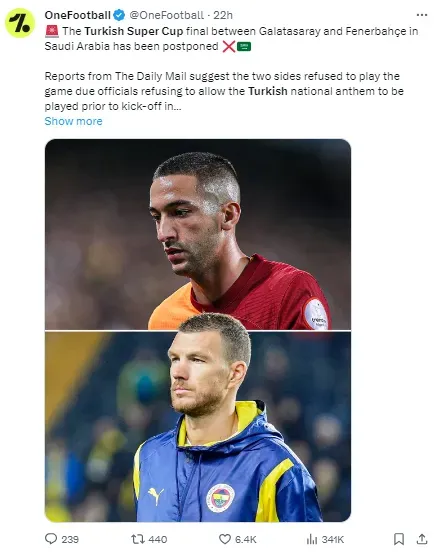 The Turkish Super Cup was canceled after a disagreement between the host country Saudi Arabia and the two teams