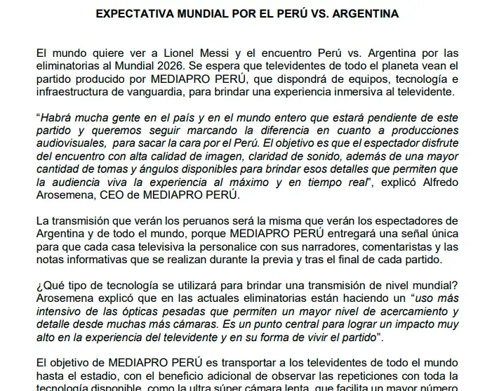 Comunicado de Mediapro Perú sobre el partido entre Perú vs. Argentina.