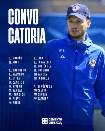 La convocatoria de Cruz Azul para jugar ante América