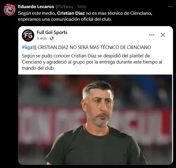 Cristian Díaz no seguiría en Cienciano (Foto: X).
