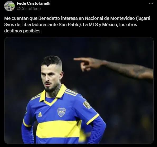 Nacional quiere tentar a Benedetto. (Captura)