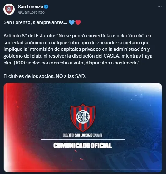 San Lorenzo y su comunicado en contra de las SAD.