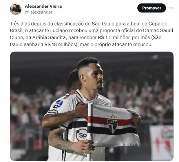 Camisa 10 do São Paulo, Luciano recusa oferta do Damac Saudi Club