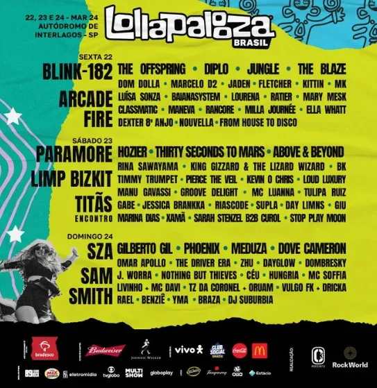 Line-up do Lollapalooza 2024. Reprodução/Twitter oficial de Lollapalooza Brasil