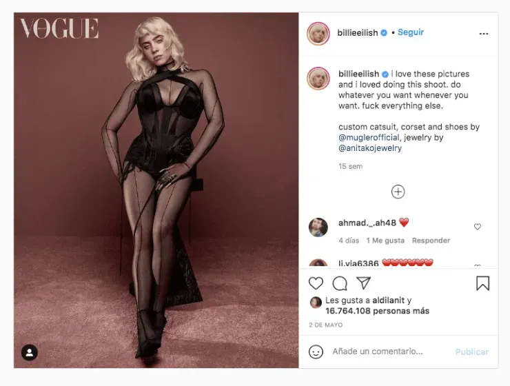 Billie Eilish y otra pose para Vogue (Fuente: Instagram)