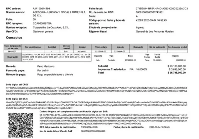 Factura del pago que hizo la Cooperativa La Cruz Azul (El financiero).