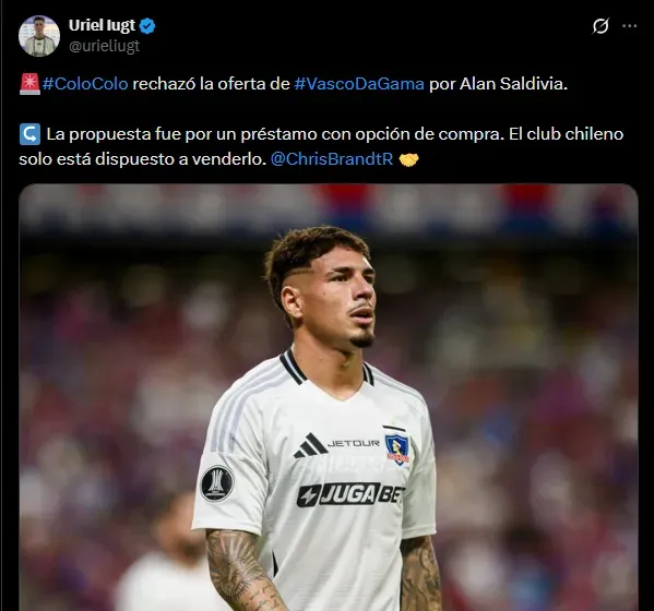 Avisan que Colo Colo rechazó la oferta por Alan Saldivia.