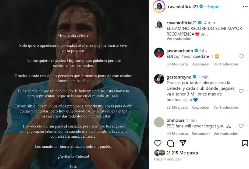 Así anunció Cavani su retiro de la selección uruguaya (Instagram @cavaniofficial21).
