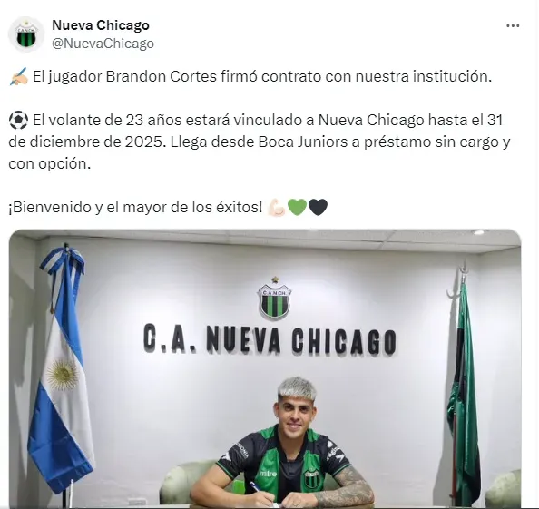 Brandon Cortés fue presentado en Nueva Chicago.