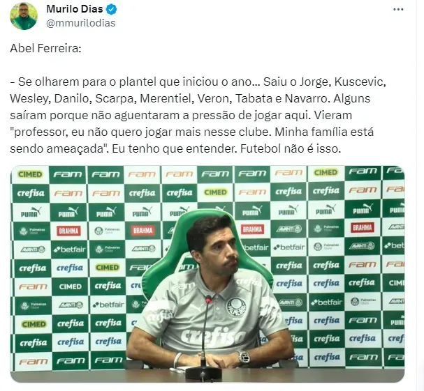 Abel revela que jogadores pediram para sair do Palmeiras por pressão