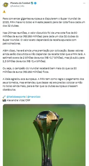 Vice do Mundial de Clubes, Palmeiras recebe R$ 21,1 milhões