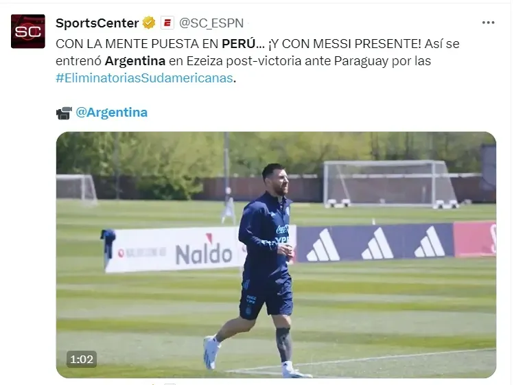 Perú vs Argentina: Lionel Messi entrenándose para el cotejo. | Twitter Sports Center.