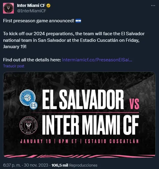 El tuit que confirma que Inter Miami se enfrentará a El Salvador.