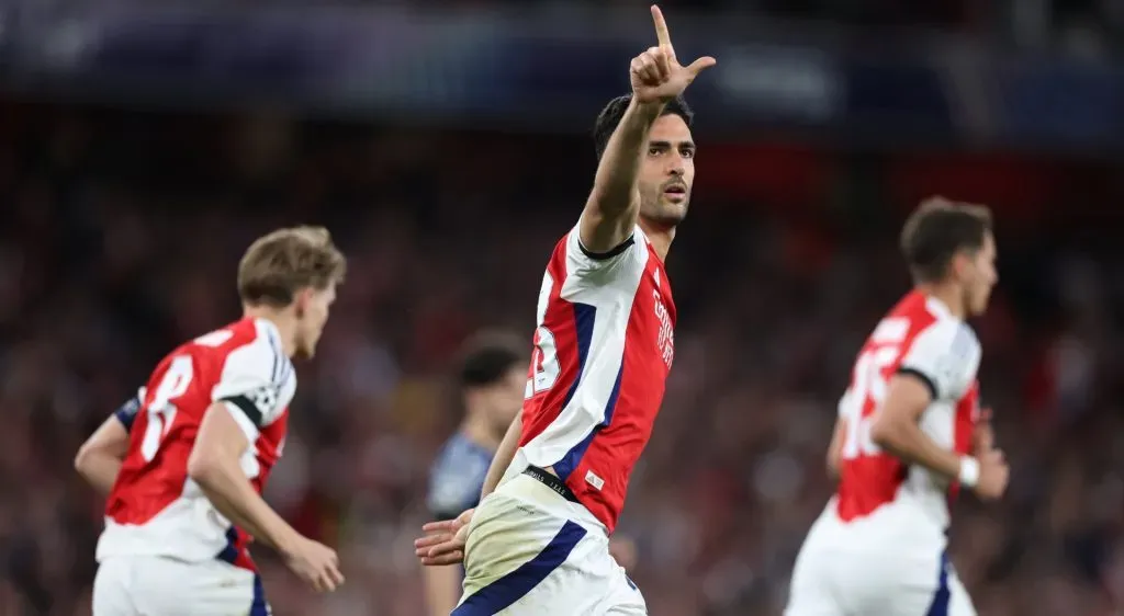 Mikel Merino of Arsenal celebrates after scoring a goal which is later disallowed due to offside following a VAR review during the UEFA Champions League 2024/25 Semi Final First Leg match between Arsenal FC and Paris Saint-Germain at Emirates Stadium on April 29, 2025 in London, England. (Photo by Michael Steele/Getty Images)