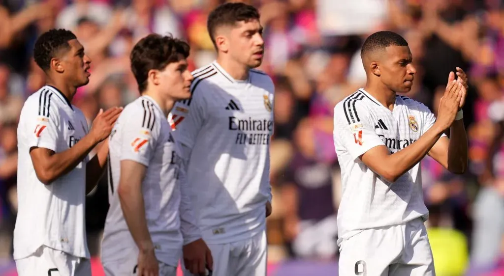 Kylian Mbappe of Real Madrid applauds the fans following the team’s defeat during the LaLiga match between FC Barcelona and Real Madrid CF at Estadi Olimpic Lluis Companys on May 11, 2025 in Barcelona, Spain. (Photo by Alex Caparros/Getty Images)