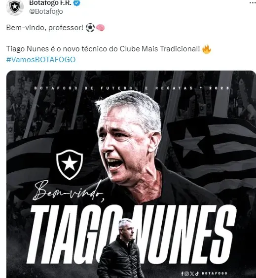 Tiago Nunes é o novo treinador do Botafogo – Foto: Reprodução do Twitter Oficial do Botafogo! @Botafogo