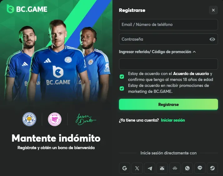 Pantalla de registri en BC.GAME