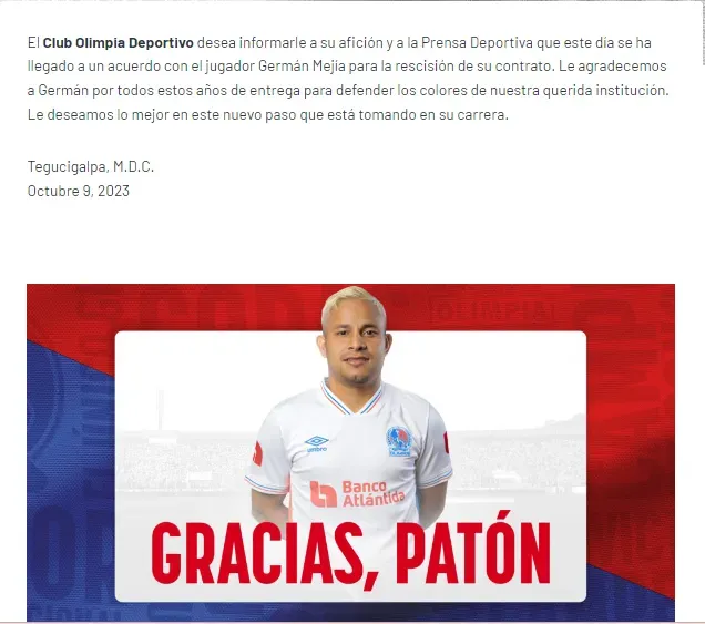 El comunicado de Olimpia sobre la salida del Patón.