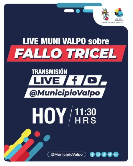 Municipalidad de Valparaíso informa vía Twiiter: A raíz de la decisión del TRICEL, hoy a las 11:30 hrs. realizaremos un live para dar cuenta del fallo y aclarar dudas.