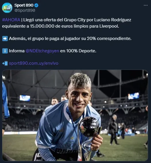 Luciano Rodríguez, en la mira del City Group (Twitter @Sport890).