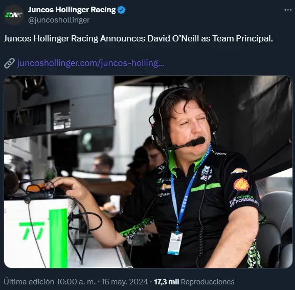 David O’Neill, nuevo director de equipo del Juncos Hollinger Racing (Twitter @juncoshollinger).