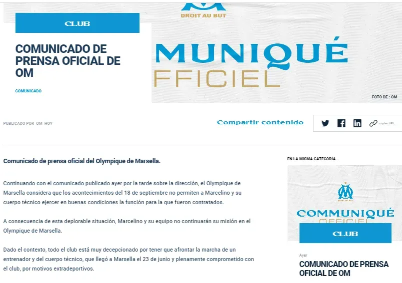 Comunicado oficial del Marsella.