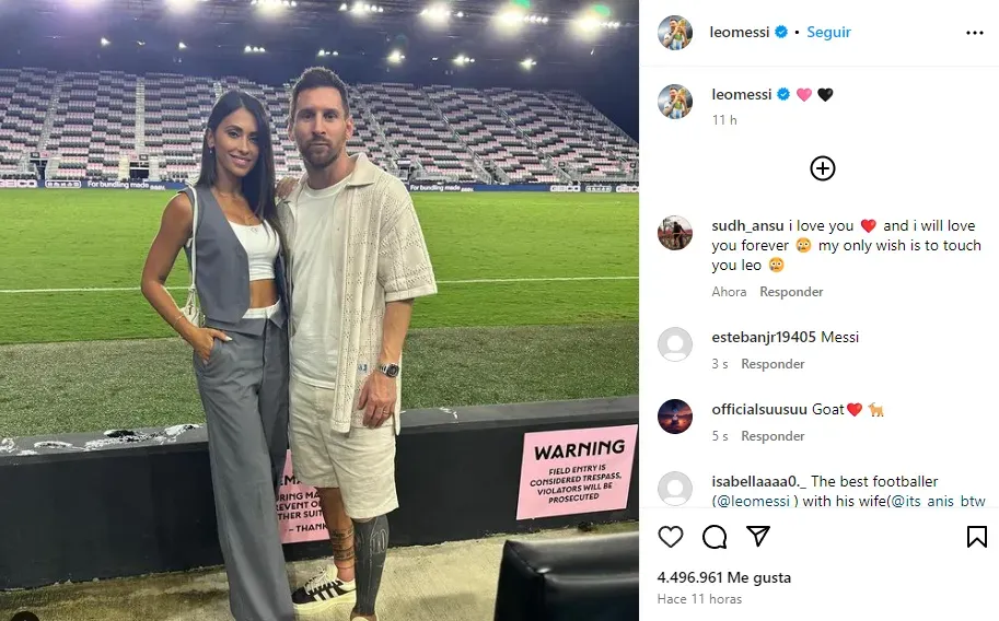 Messi, junto a su esposa Antonela, en Chase Stadium (Instagram @leomessi).