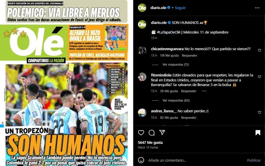 Portada de Olé sobre a victoria de Colombia. (Foto: Instagram / @diario.ole)