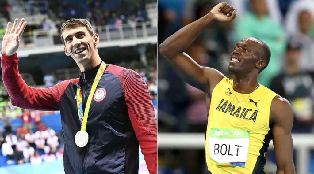 El ex nadador norteamericano Michael Phelps y el ex velocista jamaiquino Usain Bolt.