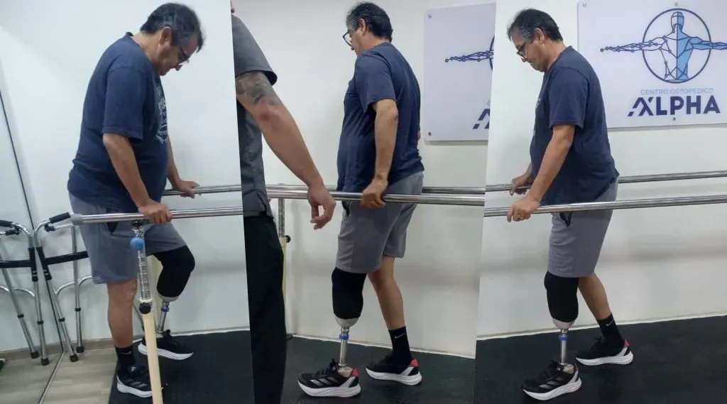 Nelson Sandoval comienza el proceso para acostumbrarse a caminar con prótesis en su pierna izquierda. | Foto: Twitter Rodrigo Pérez
