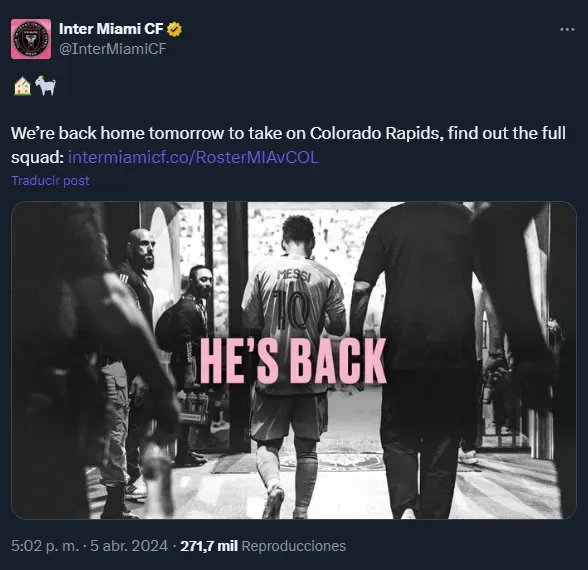 “He’s back”, así anunció Inter Miami el regreso de Messi a la convocatoria (Twitter @InterMiamiCF).