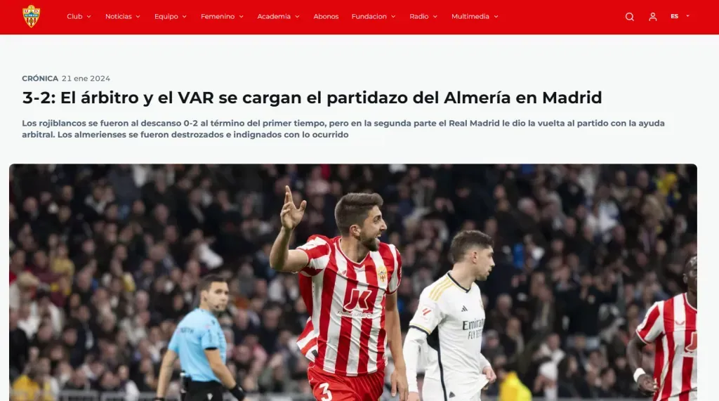 Así tituló Almería la crónica de la derrota en Madrid.