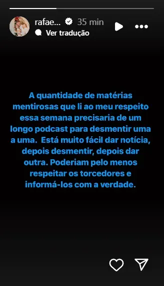 Story de Rafael publicado no Instagram. Foto: redes sociais / Rafael Cabral