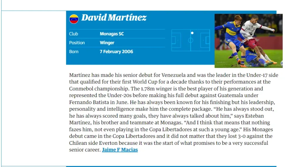 David Martínez en la lista de los 60 mejores jugadores del mundo clase 2006 (Captura The Guardian)