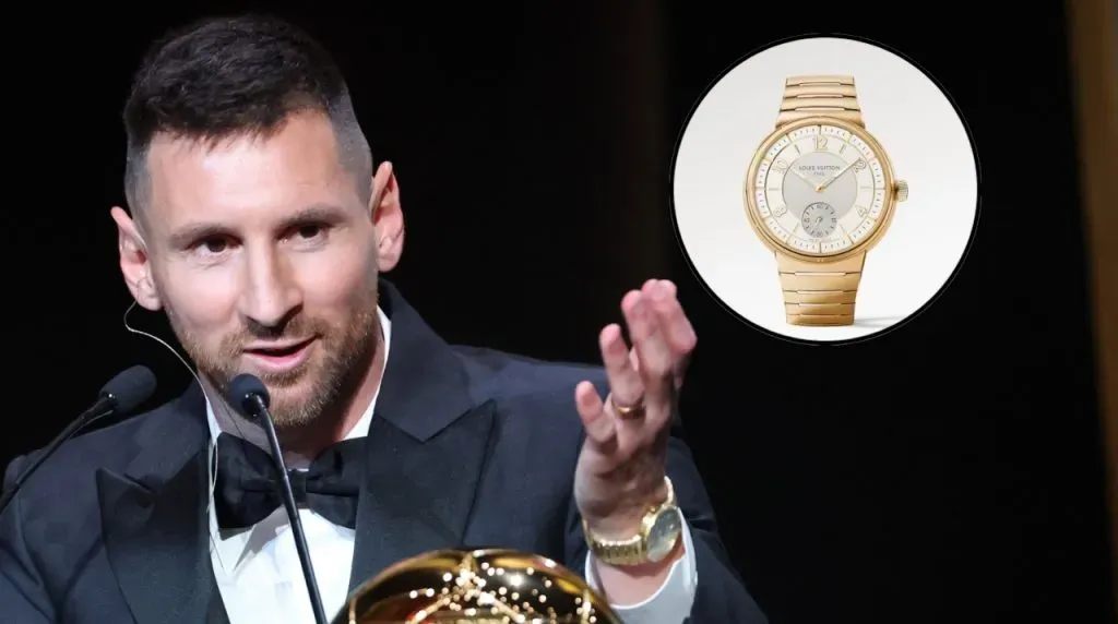 El reloj que usó Messi en la gala del Balón de Oro 2023. (Foto: Getty Images y https://eu.louisvuitton.com)