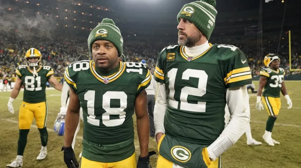 Randall Cobb and Aaron Rodgers during their last game as Packers in 2023