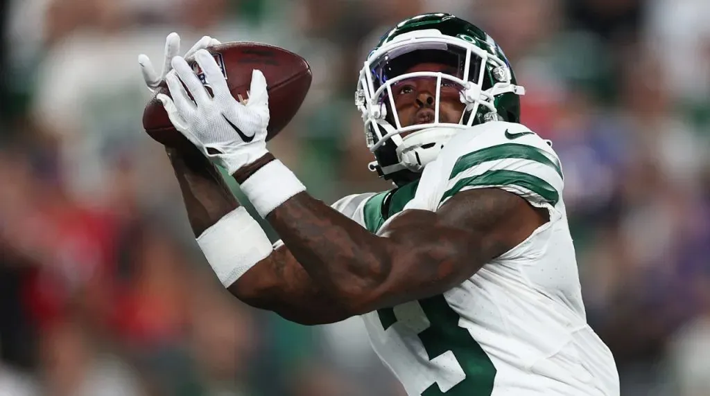 Safety Jordan Whitehead #3 of the New York Jets intercepts a pass from the Buffalo Bills