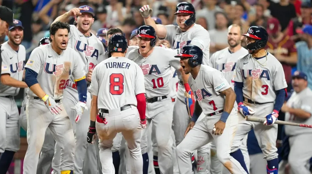 Trea Turner #8 of The United States celebrates with teammates after hitting a grand slam during the eighth inning of a 2023 World Baseball Classic Quarterfinal game against The United States at loanDepot park on March 18, 2023 in Miami, Florida. (Photo by Eric Espada/Getty Images)