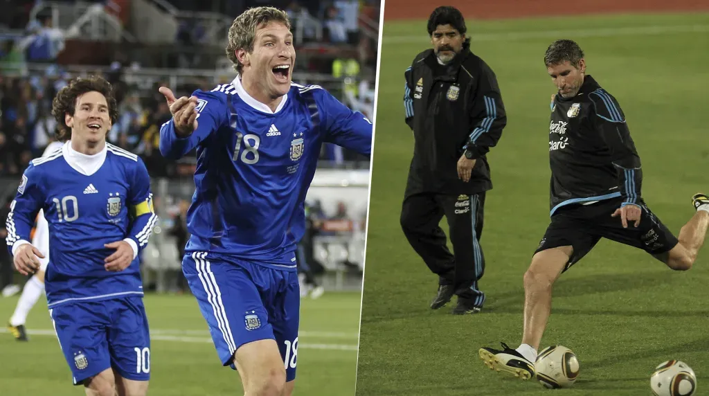Martín Palermo con Lionel Messi y Maradona en el Mundial 2010 (Getty Images)