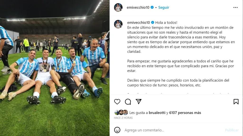 Emiliano Vecchio, en su cuenta de Instagram, desmintió los rumores de una pelea con sus compañeros de Racing.