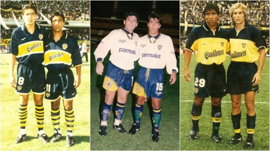 Luis Calvo junto a Riquelme, Maradona y Caniggia. Foto: TN.