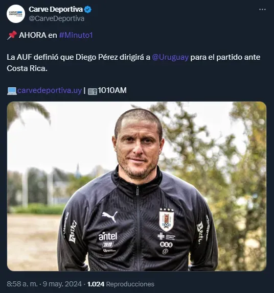 Ruso Pérez dirigirá a la Selección de Uruguay ante Costa Rica (Twitter @CarveDeportiva).