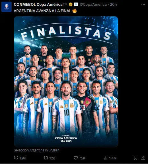 Argentina já está classificada para a final da Copa América. Foto: Reprodução X.