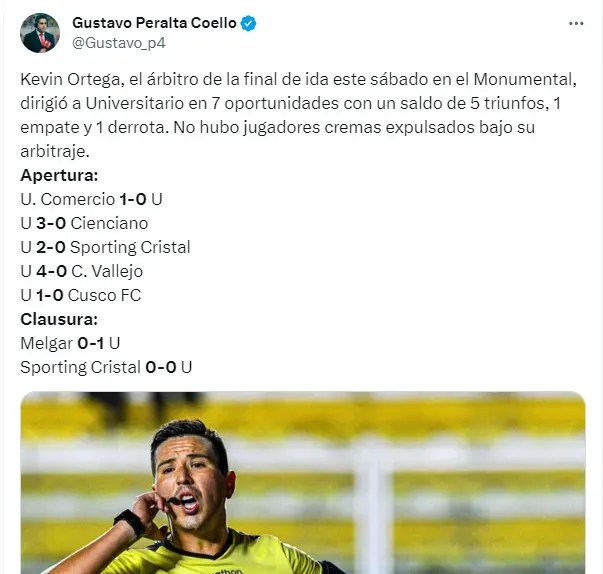 Los números de Kevin Ortega arbitrando un partido de la “U”.